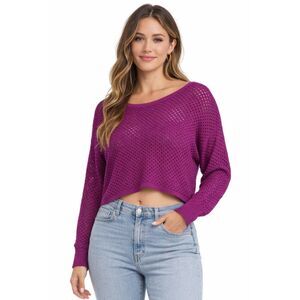 Love Cameron Fishnet Crop Sweater Top Large Purple Crochet Knit Wide Neck Y2K